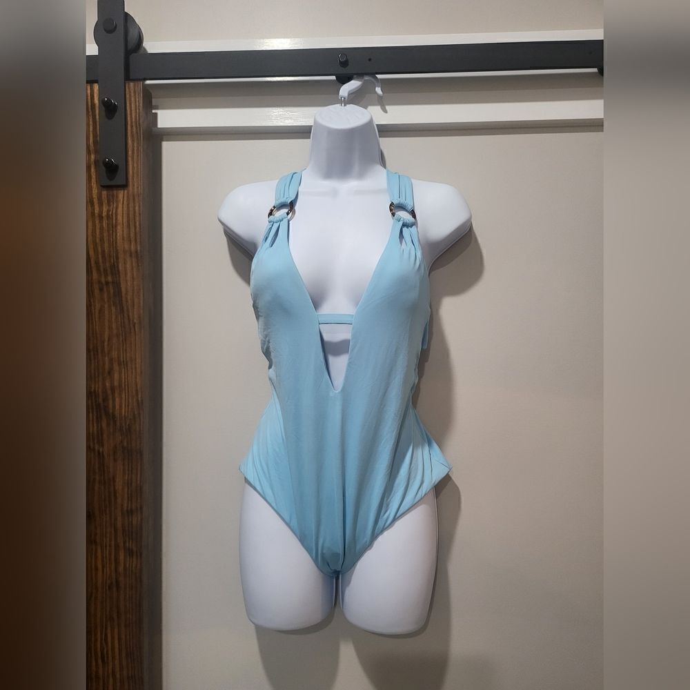 Becca Color Code Plunge One-Piece Swimsuit SZ Medium and small Powder Blue NWOT - Picture 3 of 6